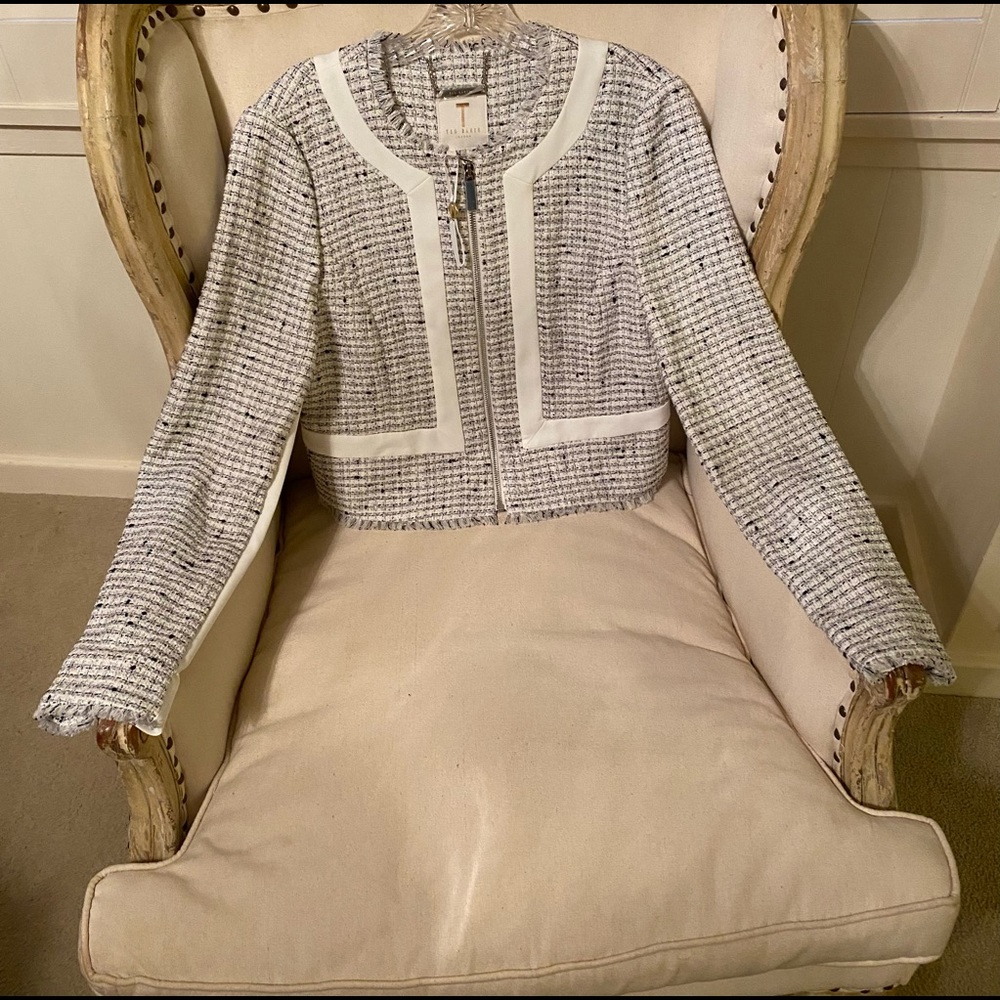 Ted Baker Tweed Cropped Blazer in Ivory and Black